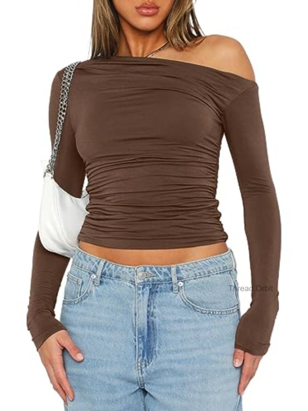 Long Sleeve Off Shoulder Ruched Slim Fit Crop Top Y2K Going Out Blouse